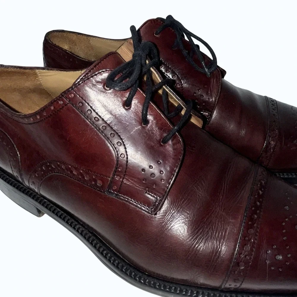 Johnston & Murphys Mens Cap-Toe Oxford Dress Shoes Sz 8.5 Burgundy Leather Italy